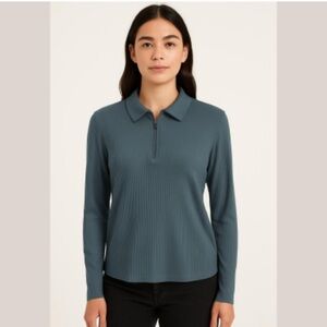 Zara Women’s Half Zip Polo collar long sleeve ribbed top 100% Cotton Blue Sz XL